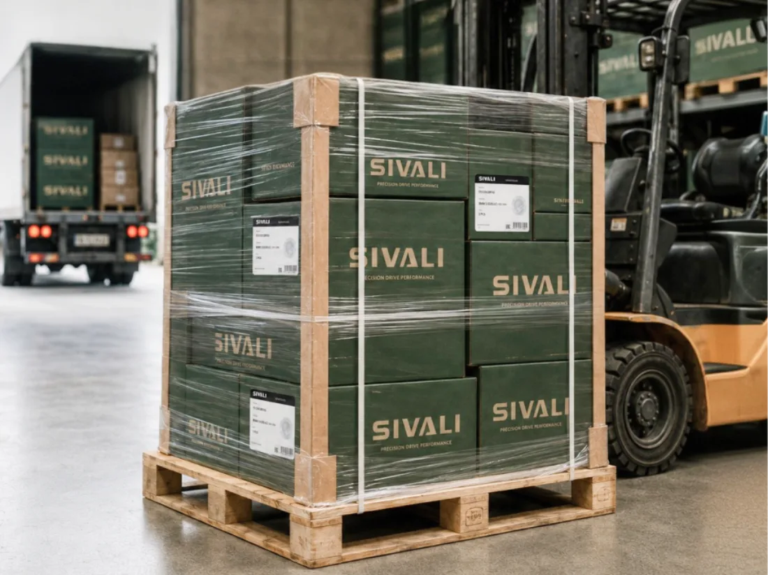 A strapped pallet of Sivali cartons beside a forklift and trailer
