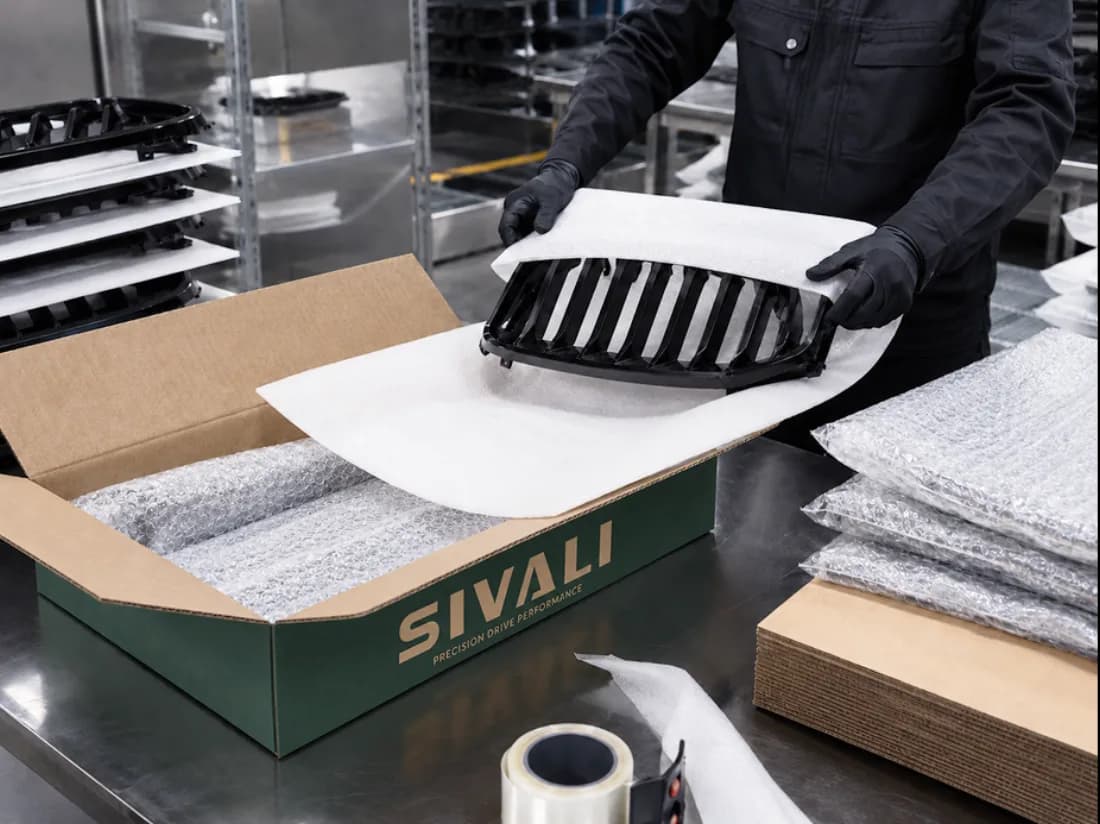 A grille wrapped in foam and laid into a Sivali carton